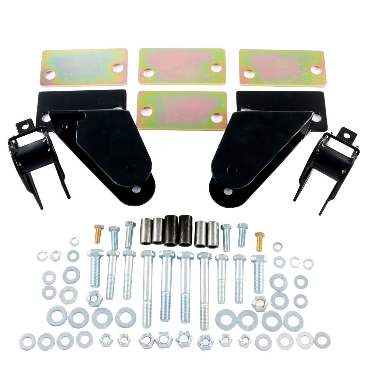 Shackle reversal system with bolt-on brackets, hardware, and plates for Jeep CJ 1976-86.