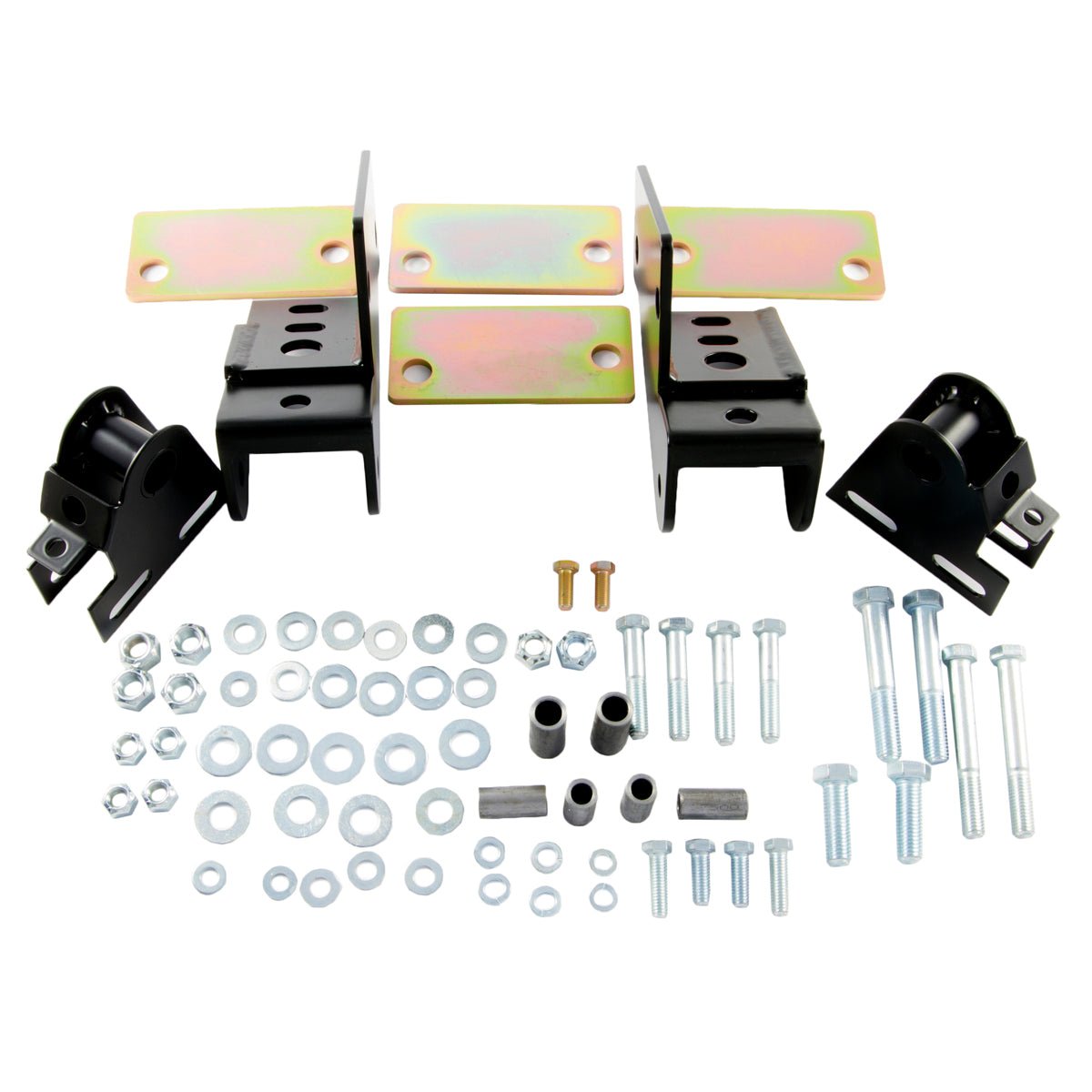 Shackle reversal system with bolt-on spring hanger brackets and hardware for Jeep CJ 1976-86