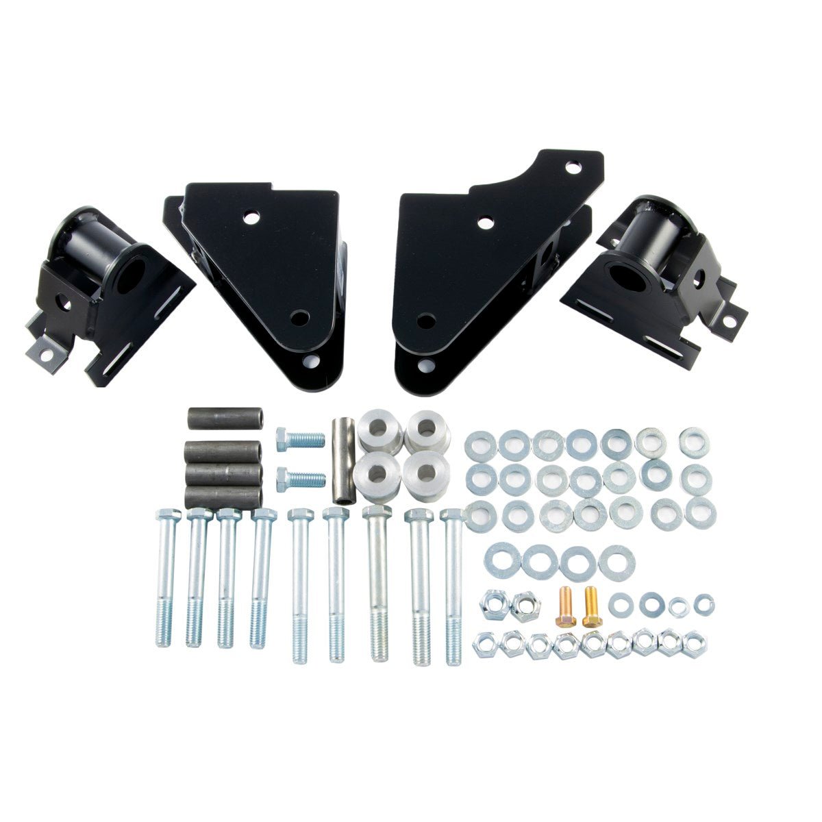 Shackle reversal system with bolt-on spring hanger brackets and hardware for Jeep Wrangler YJ 1987-1995