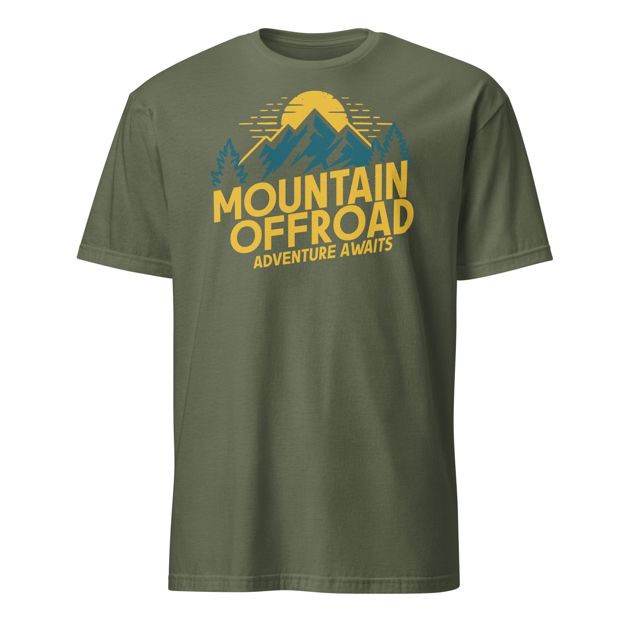 Olive green short sleeve t-shirt with 'Mountain Offroad Adventure Awaits' graphic and mountain design.