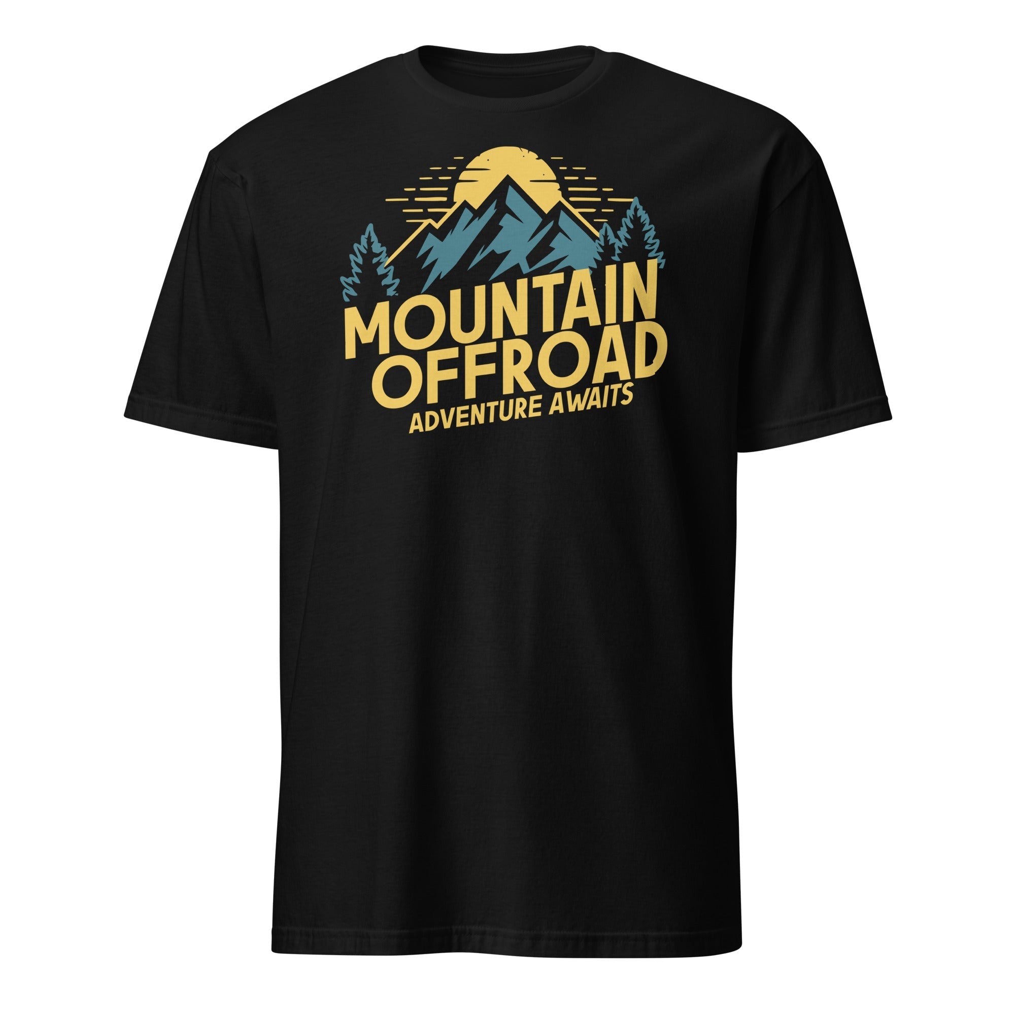 Black short sleeve t-shirt with mountain offroad adventure graphic and sunrise design