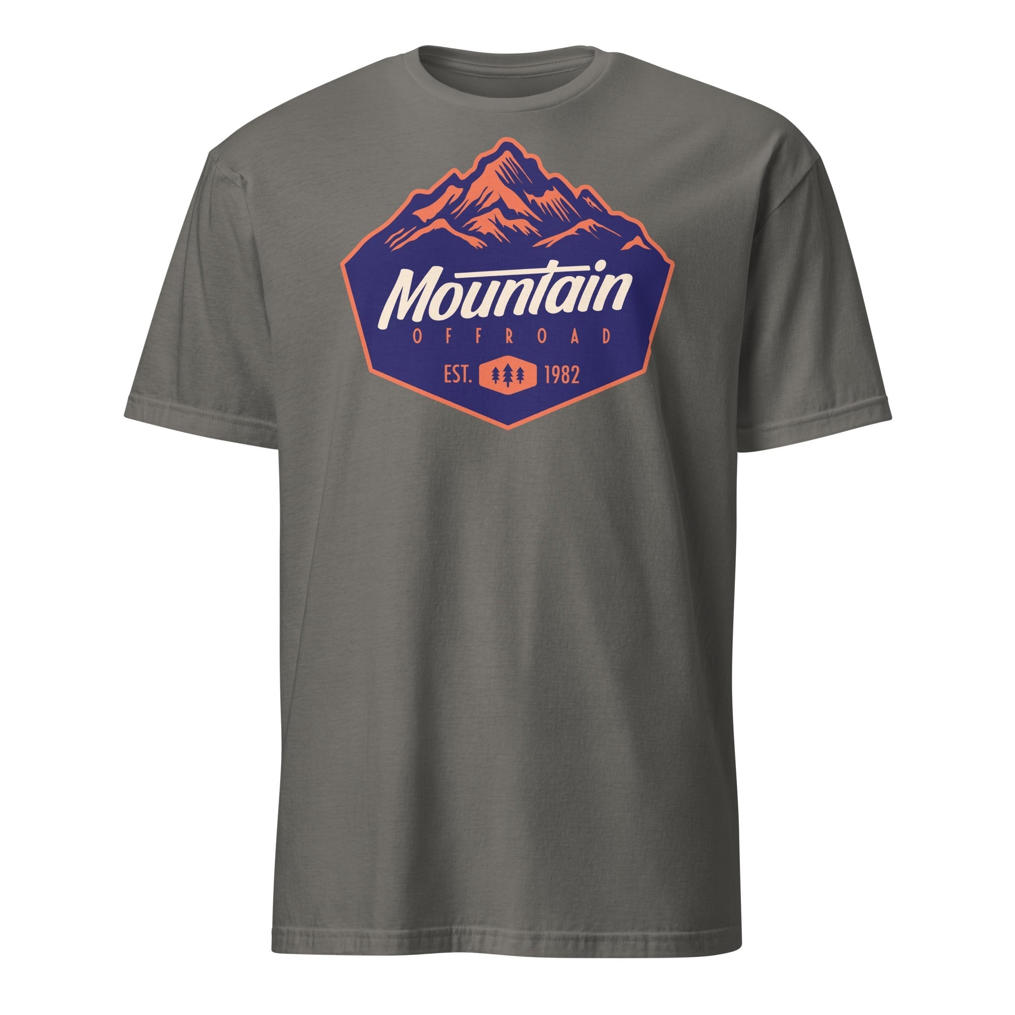 Gray short sleeve t-shirt with Mountain Offroad graphic and mountain design, adventure gear