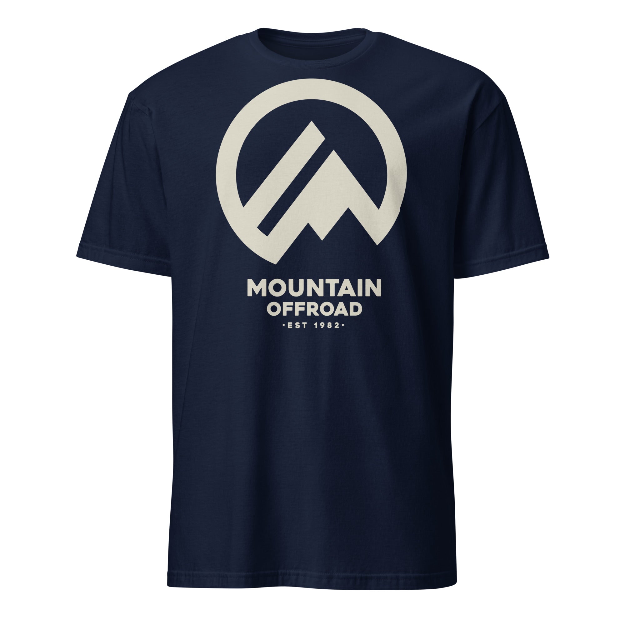 Navy blue short sleeve t-shirt with mountain offroad adventure logo on front