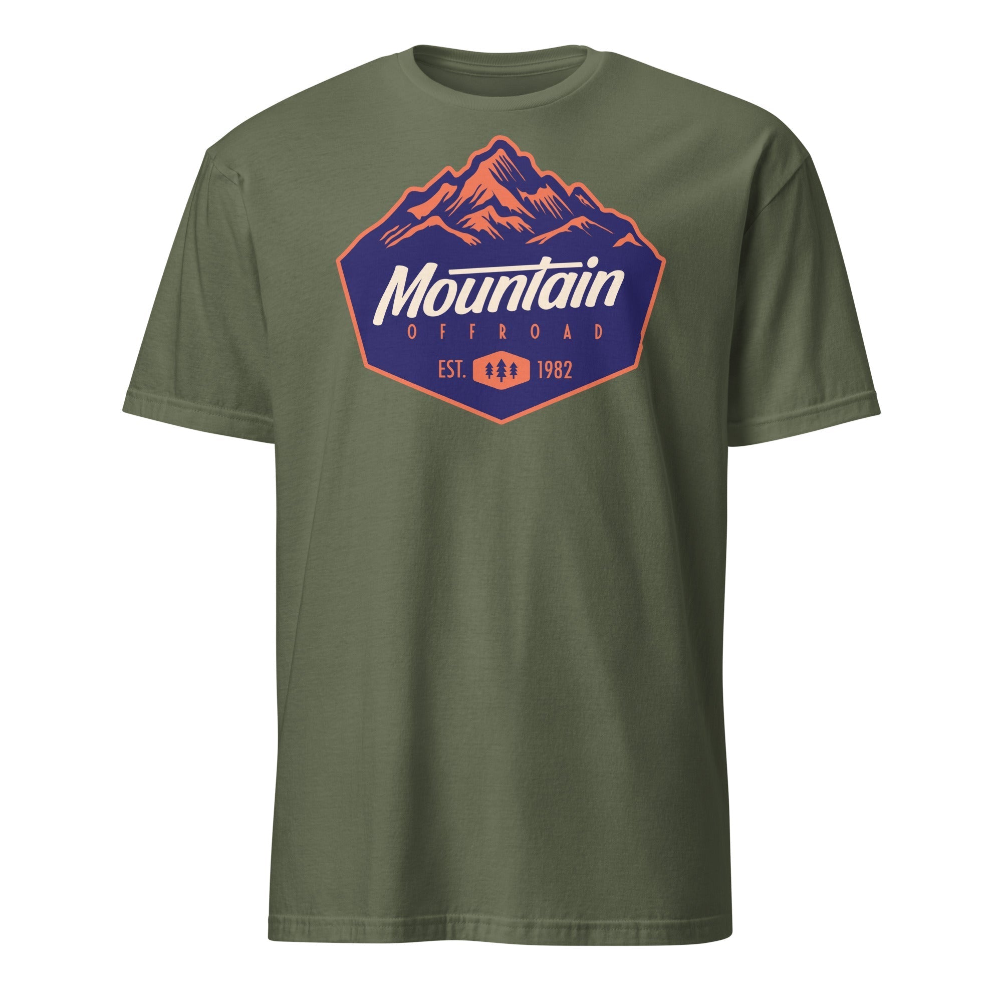 Olive green short sleeve t-shirt with Mountain Offroad graphic and mountain design