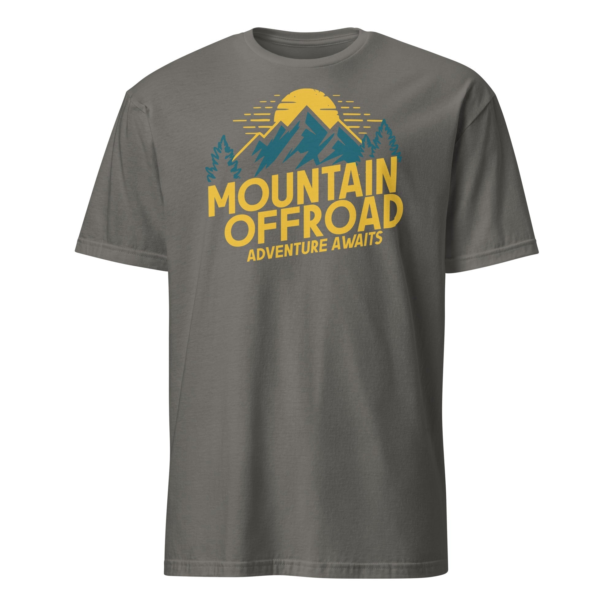 Gray short sleeve t-shirt with Mountain Offroad Adventure Awaits graphic, outdoor camping tee