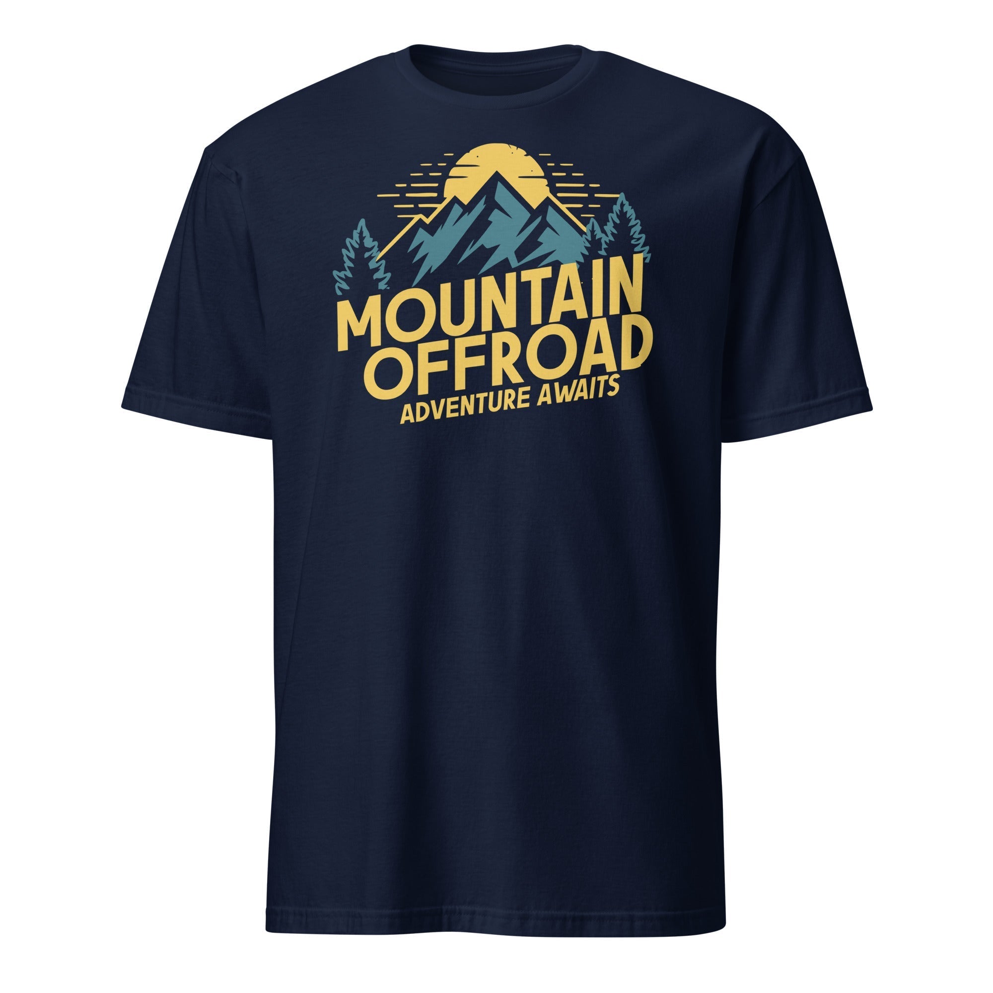 Navy blue short sleeve t-shirt with mountain offroad adventure graphic and text print