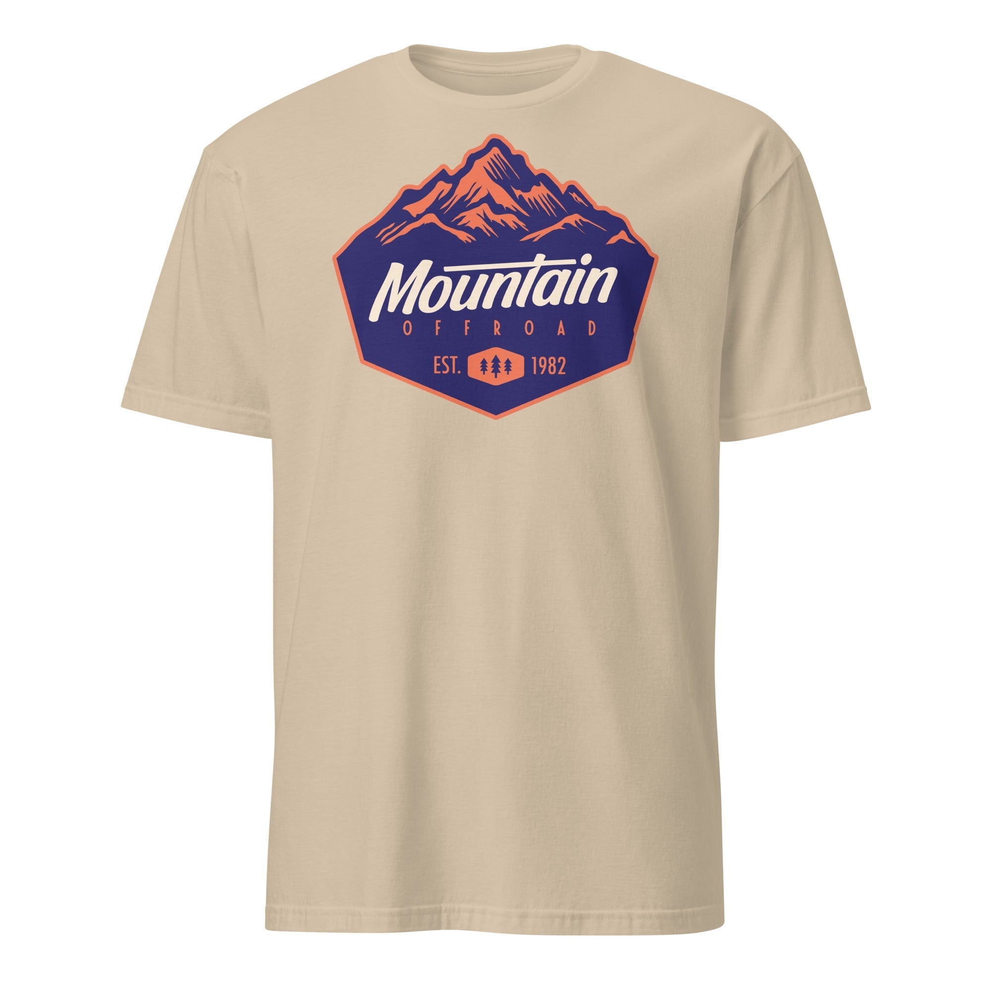 Beige short-sleeve t-shirt with Mountain Offroad graphic and mountain design, outdoor gear