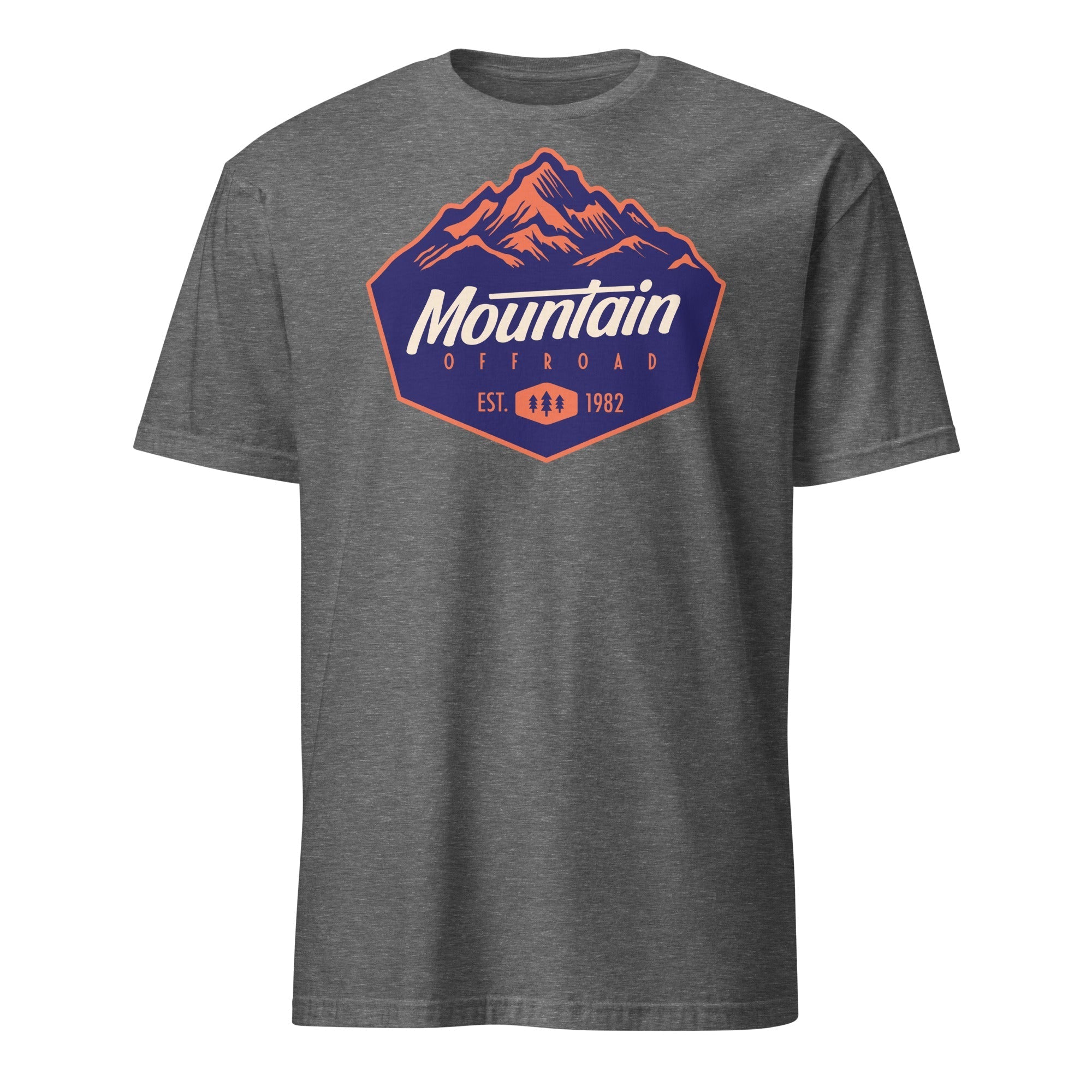 Gray unisex short-sleeve t-shirt with Mountain Offroad graphic and mountain design