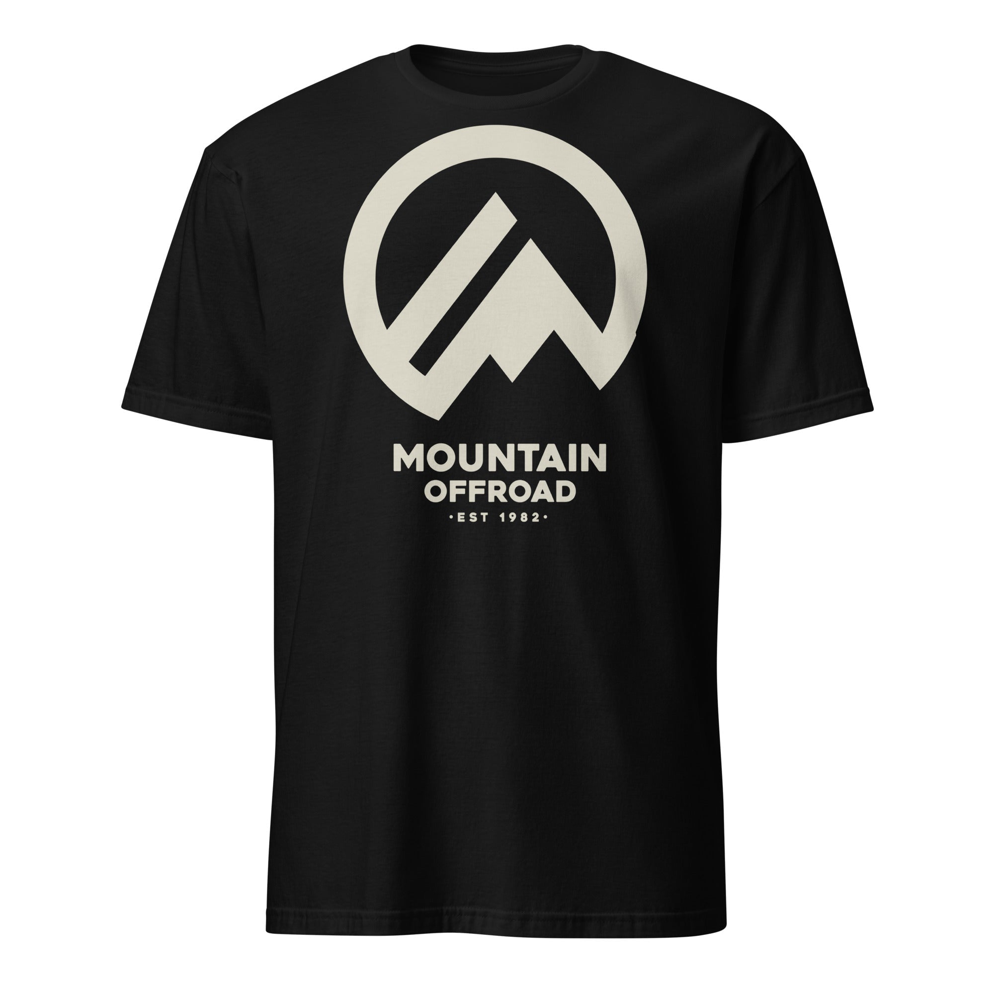 Black short sleeve t-shirt with Mountain Offroad logo, adventure and camping apparel
