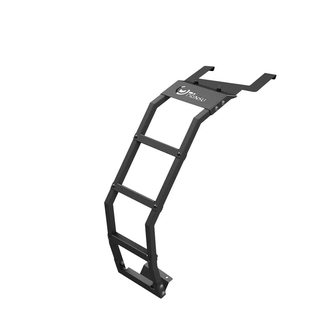 Black metal overlanding ladder for Subaru Crosstrek, angled side view on white background