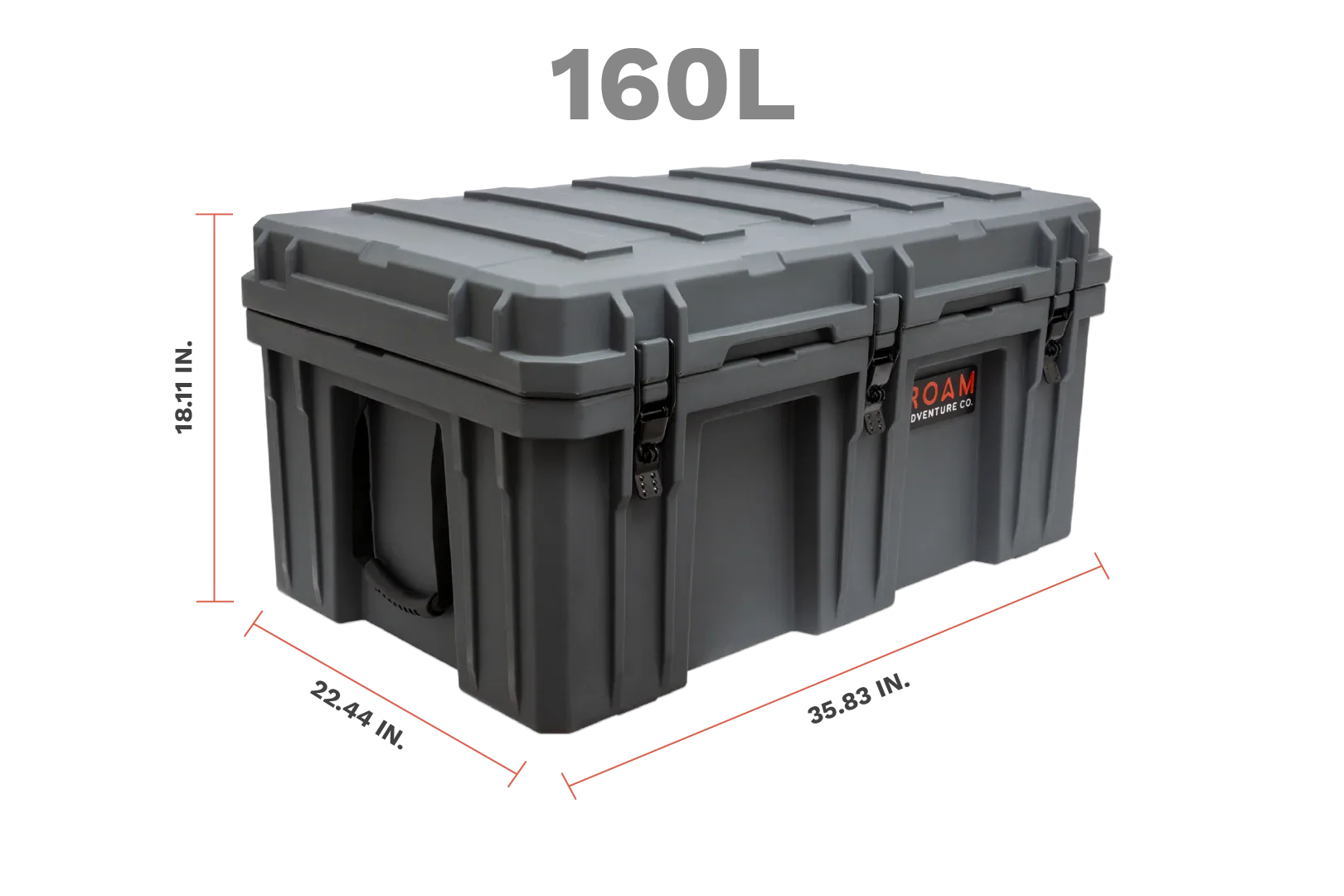 160L rugged storage box with measurements for overlanding, shown in dark gray with side handles