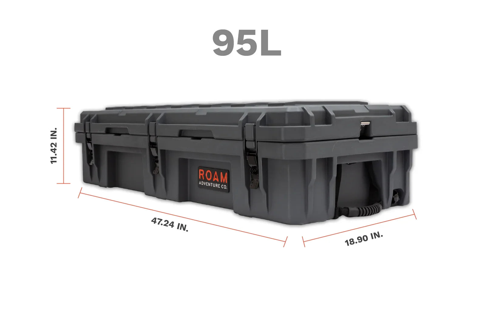 Gray 95L overland storage case with latches, shown with dimensions for expedition gear