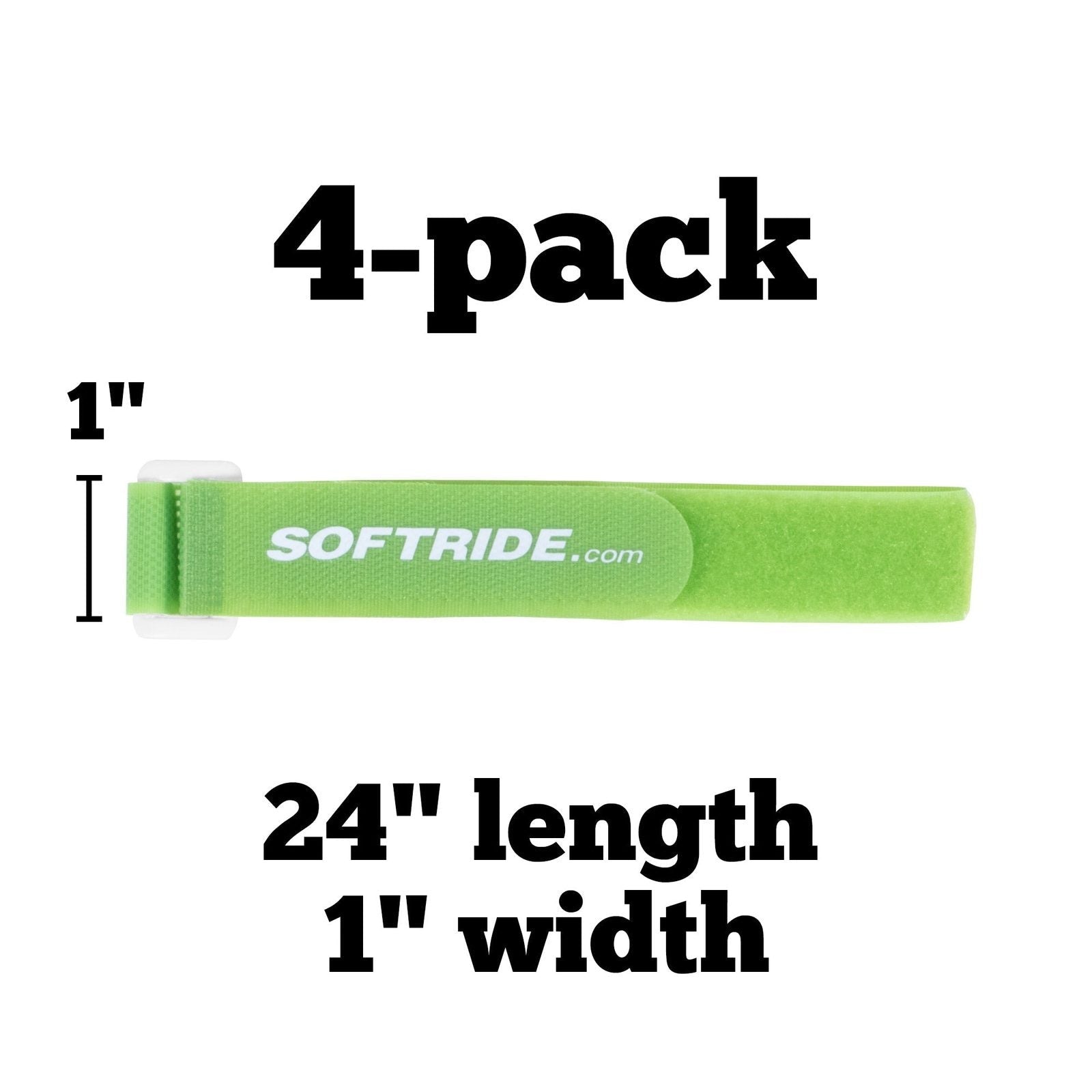 Green Softride gear strap, 24 inch by 1 inch, 4-pack, for securing camping gear.