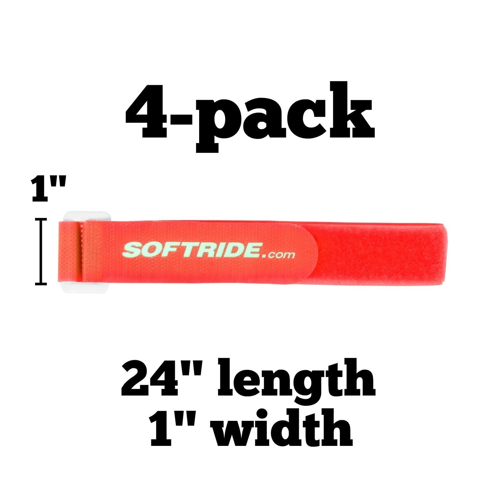 Red Softride gear strap, 24 inch length, 1 inch width, 4-pack, for camping or overlanding