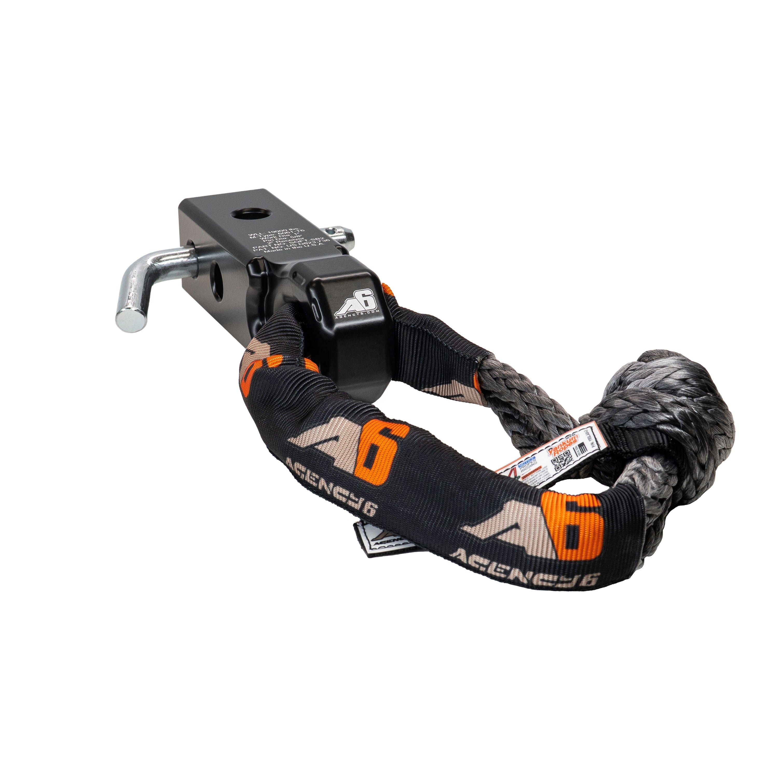 Heavy-duty black hitch receiver with soft shackle for off-road vehicle recovery