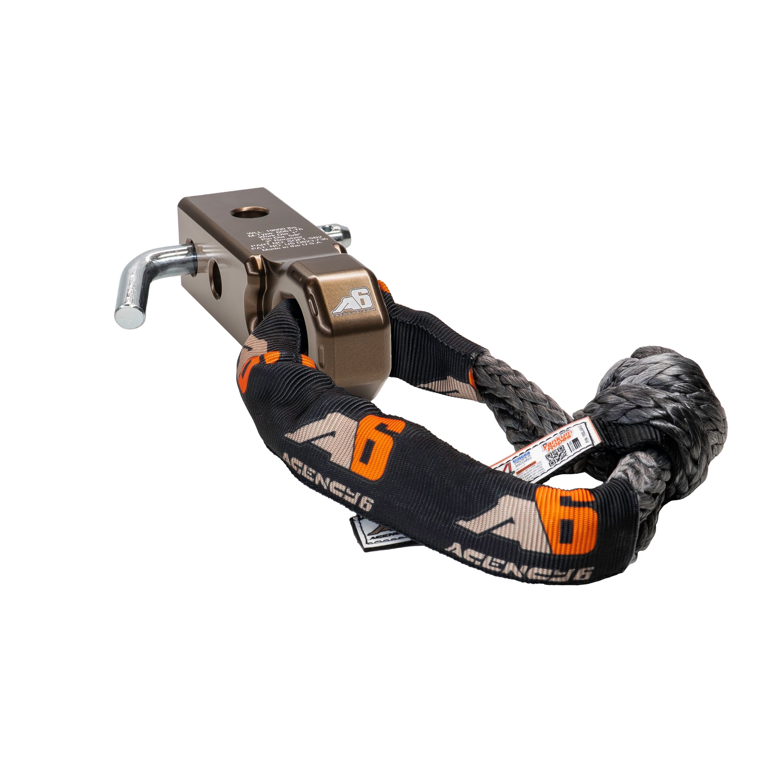Bronze hitch receiver recovery point with soft shackle for off-road vehicle towing