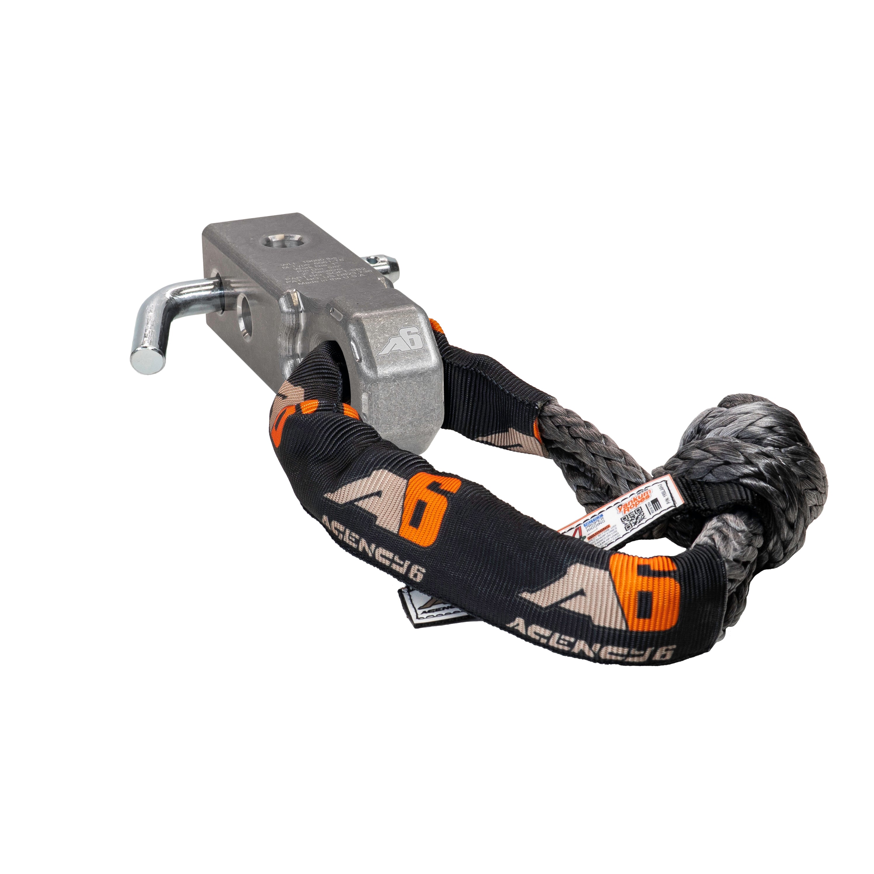 Heavy-duty billet hitch receiver with soft shackle for off-road vehicle recovery