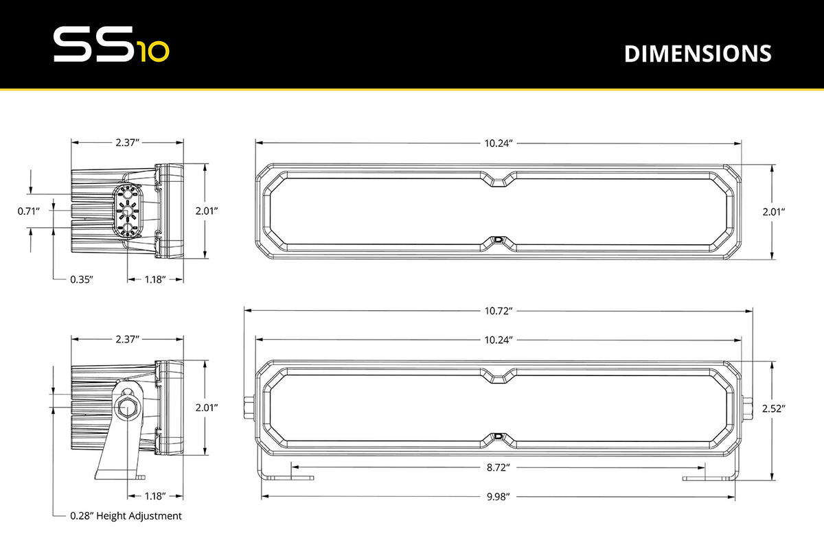 Diode Dynamics SS10 Yellow LED Light Bar for trucks and SUVs – dimensions