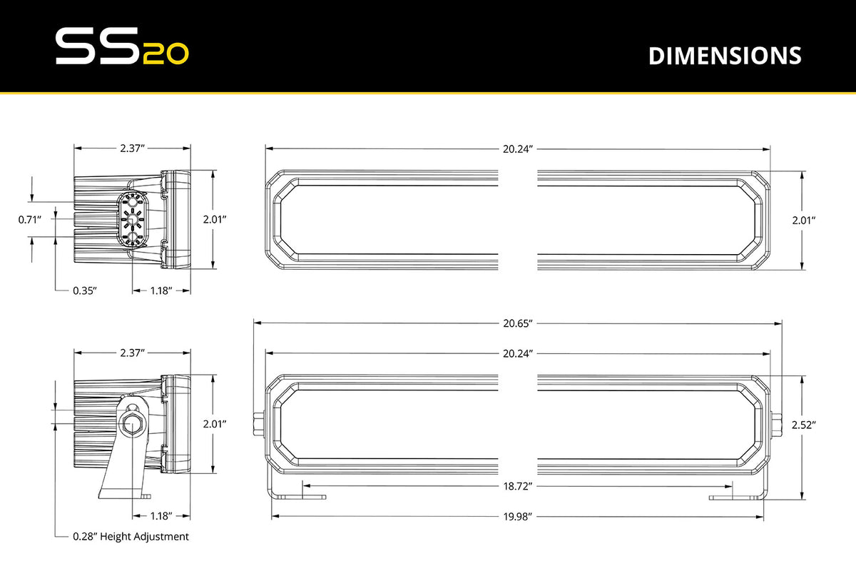 Diode Dynamics SS20 Yellow LED Light Bar for trucks and SUVs – dimensions