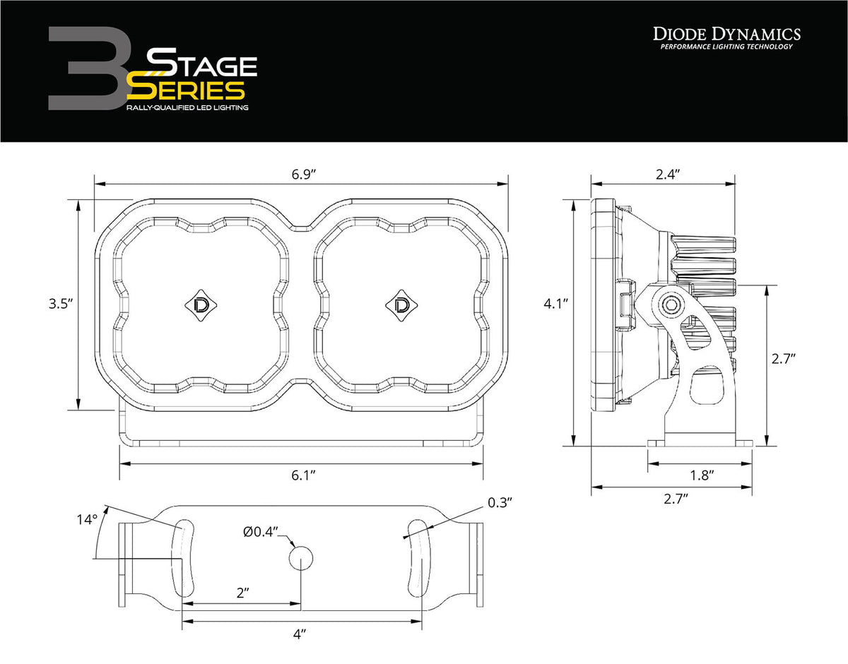 Diode Dynamics SS3 Dual-Pod Bracket Kit for trucks and SUVs – dimensional drawing