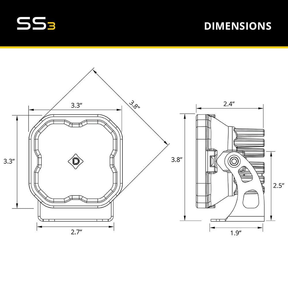 Diode Dynamics SS3 infrared LED pod for trucks and SUVs – dimensions
