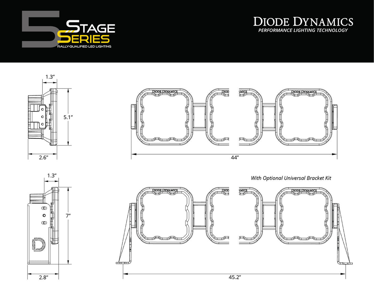 Diode Dynamics SS5 CrossLink 7-Pod 44-inch LED Light Bar for trucks and SUVs – dimensional drawing