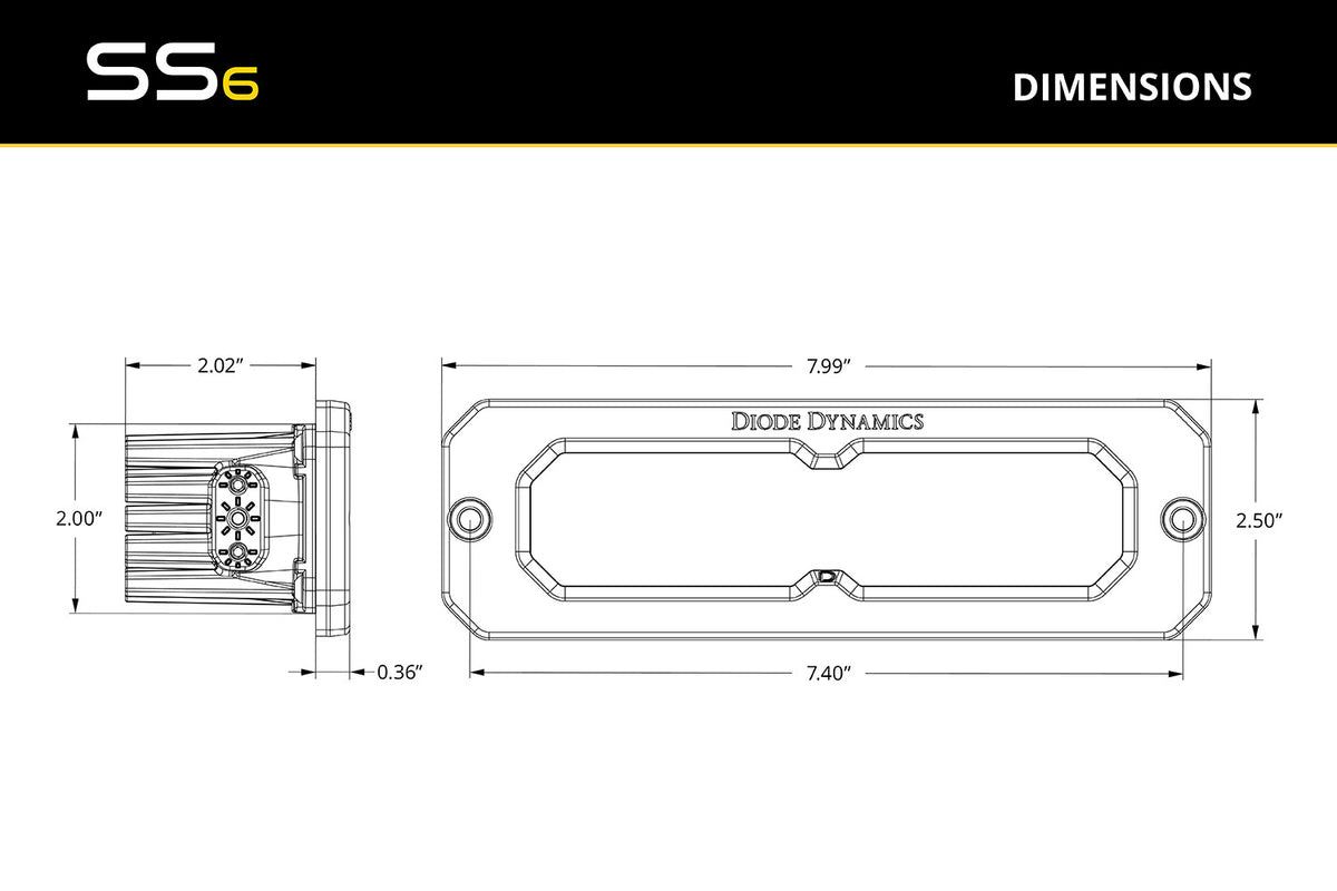 Diode Dynamics SS6 White Flush Mount LED Light Bar pair for trucks and SUVs – dimensions