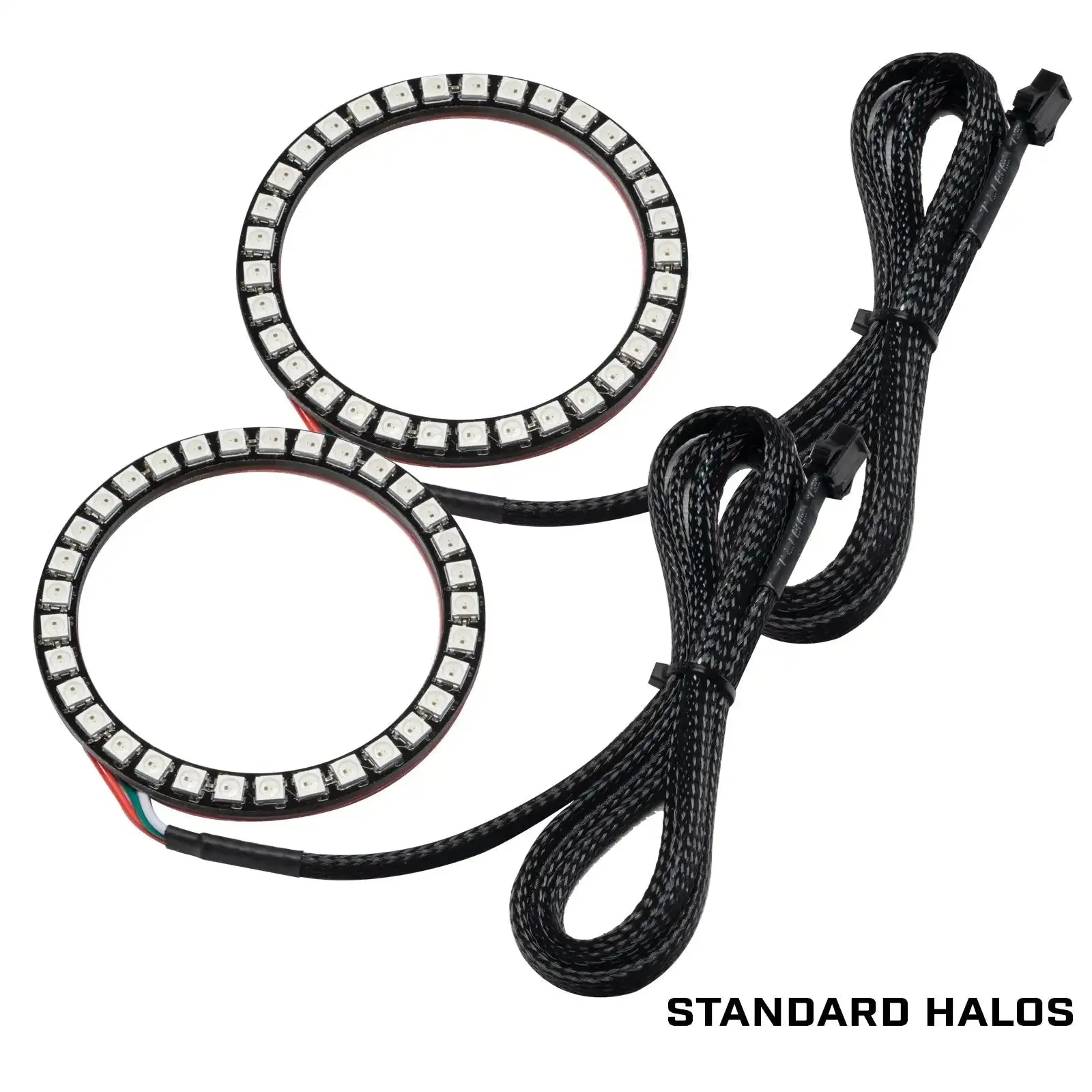 Pair of LED halo rings with wiring for off-road or vehicle headlights, labeled Standard Halos