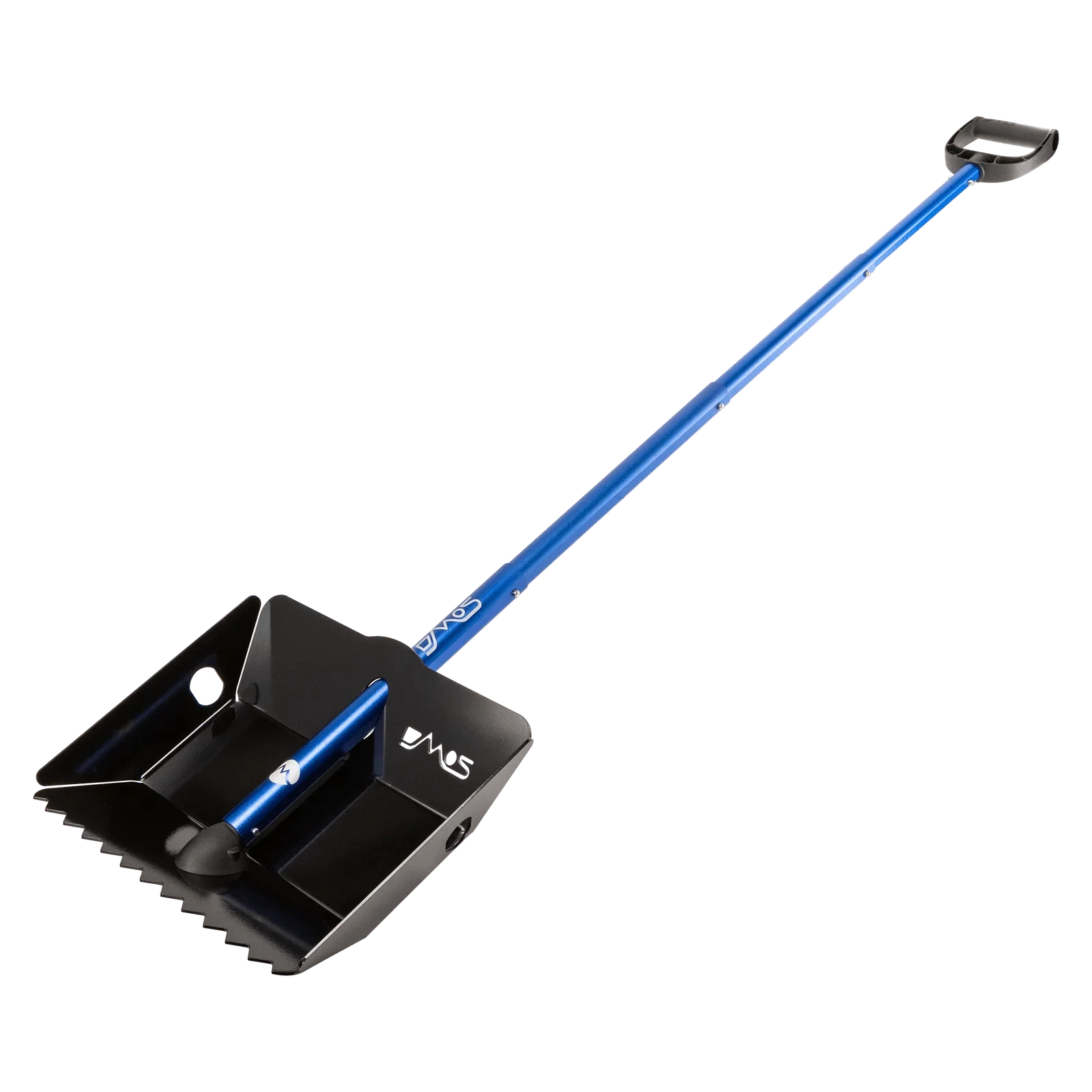 Heavy-duty black shovel with serrated edge and long blue handle for overlanding or camping