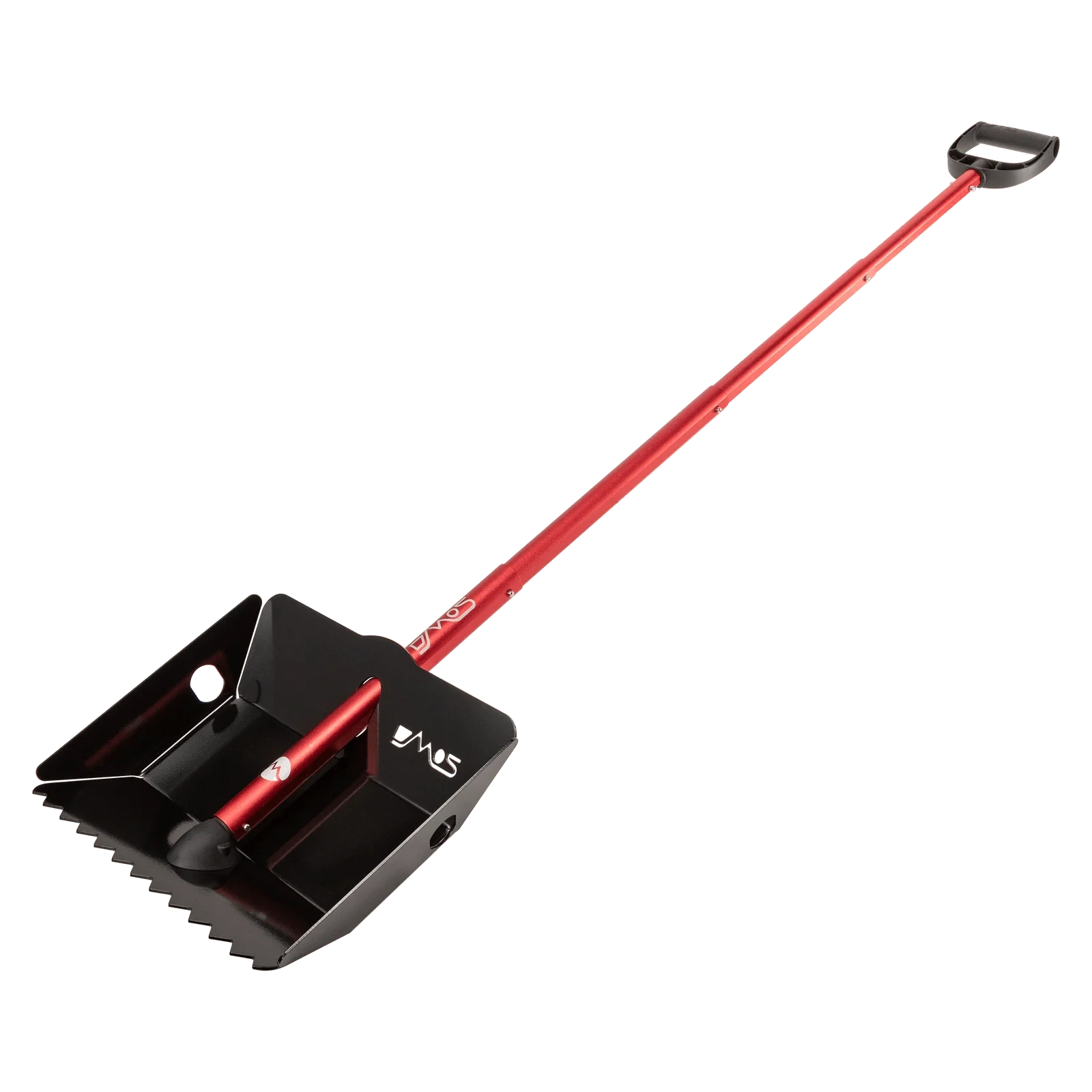 Heavy-duty black shovel with serrated edge and long red handle for overlanding or camping