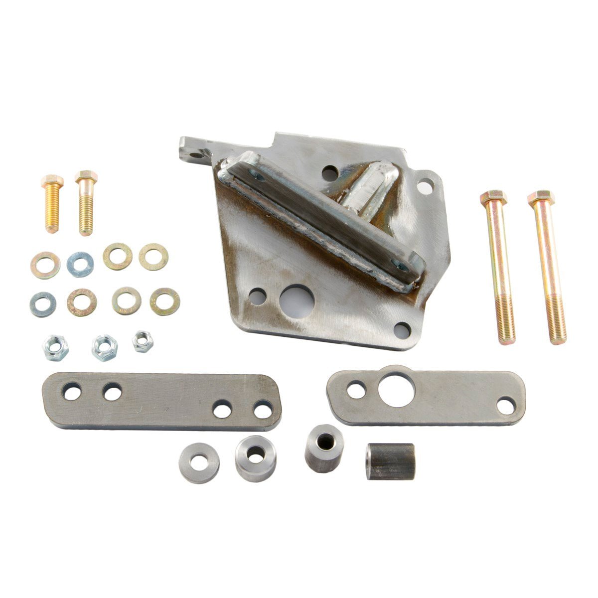 Steering box mount bracket kit for Jeep Wrangler YJ 1987-1995 with bolts, washers, and plates