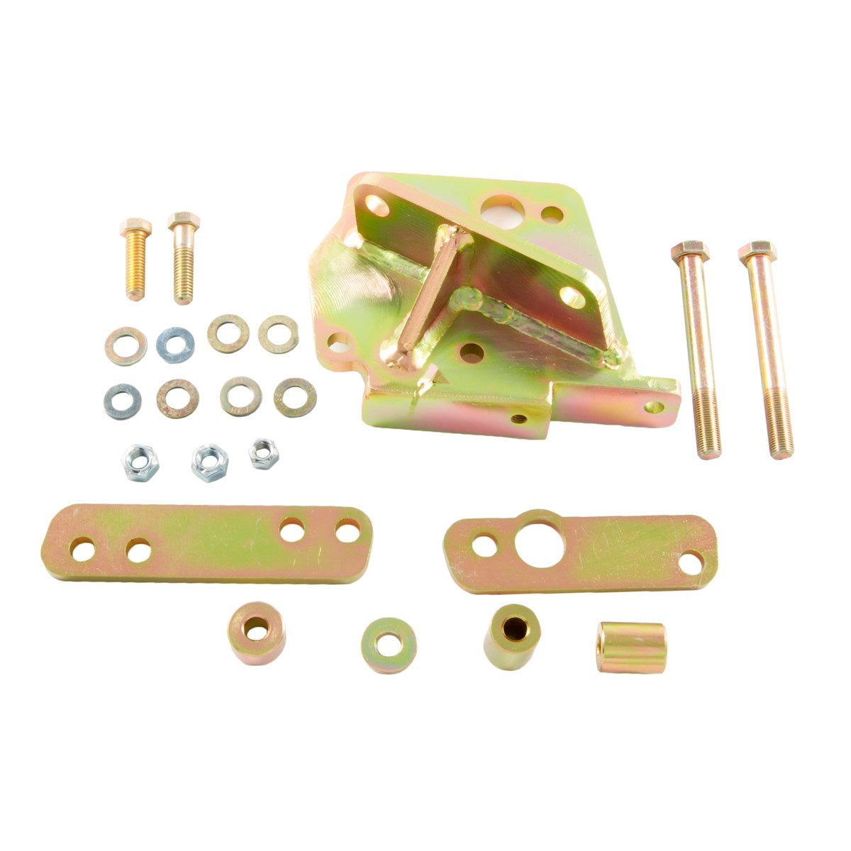 Steering box mount kit for Jeep Wrangler YJ 1987-1995 with bolts, washers, and brackets
