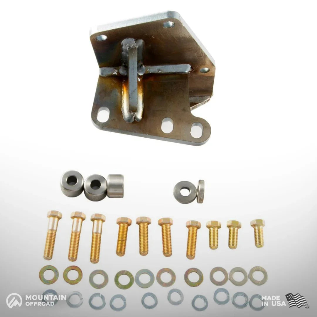 Heavy-duty steel steering box mount with bolts and washers for Jeep CJ 1976-86.