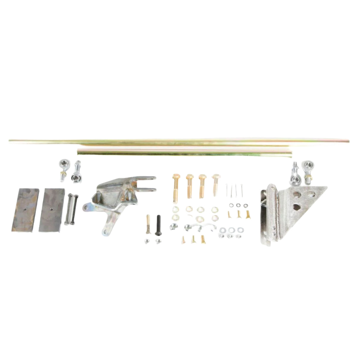 Steering correction kit parts for Jeep Wrangler YJ 1987-1995, including brackets, rods, hardware.