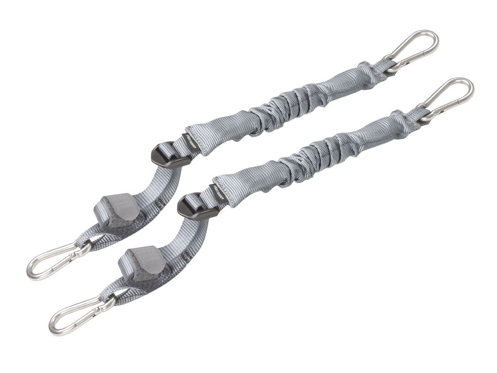 Pair of grey adjustable bungee tie-down straps with metal carabiner hooks for camping gear