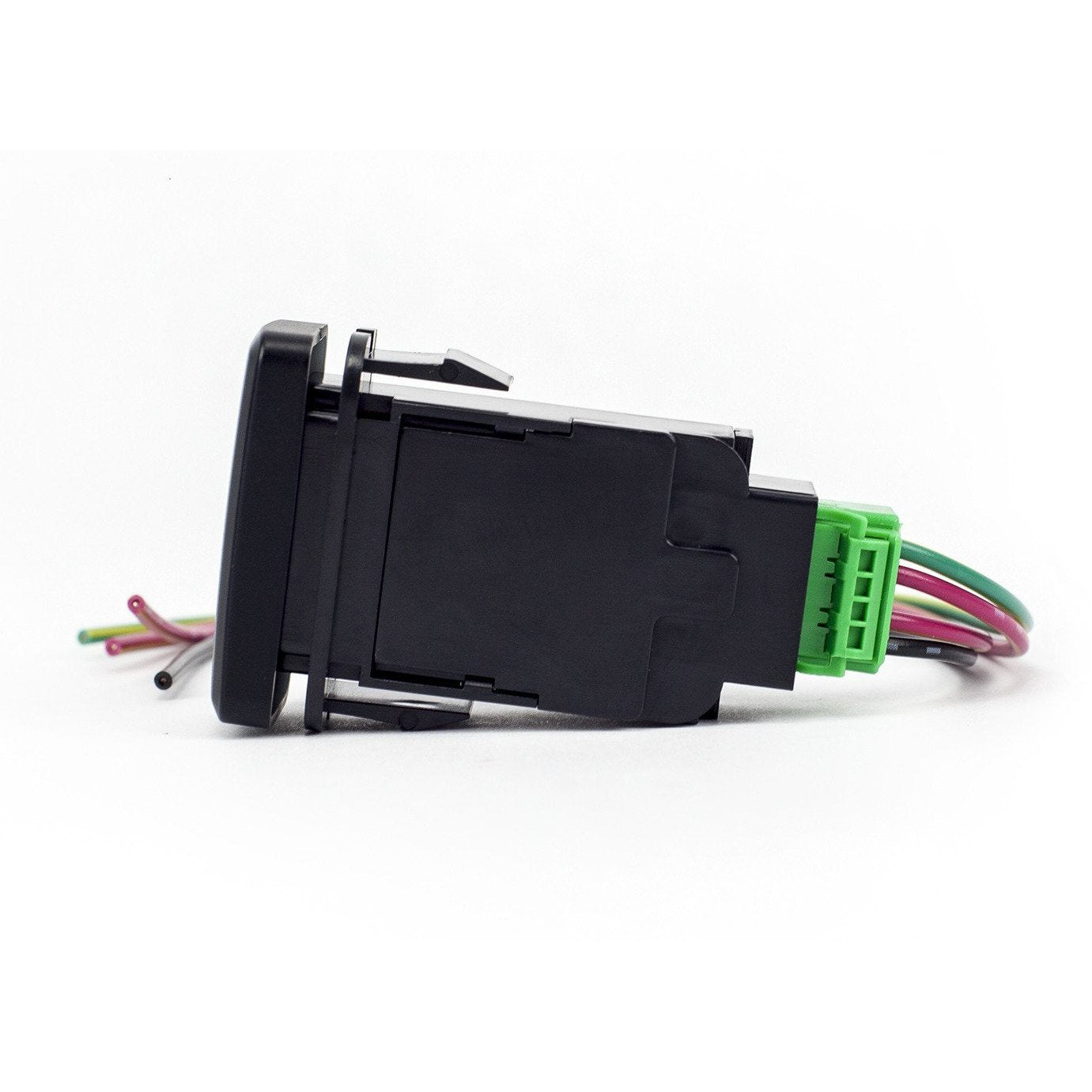 Side view of a black automotive rocker switch with wiring harness for off-road vehicle accessories