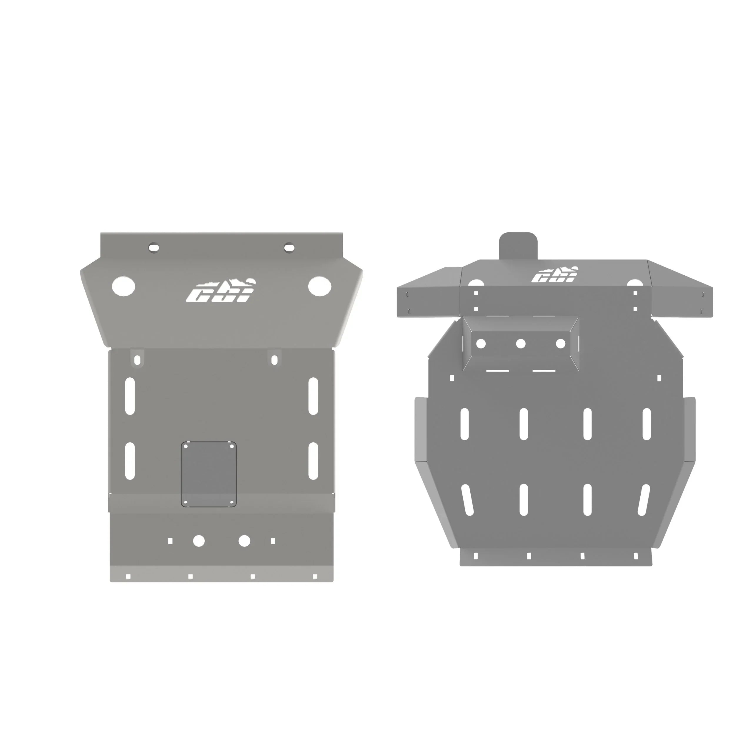 Pair of silver metal skid plates for Toyota 4Runner off-road undercarriage protection