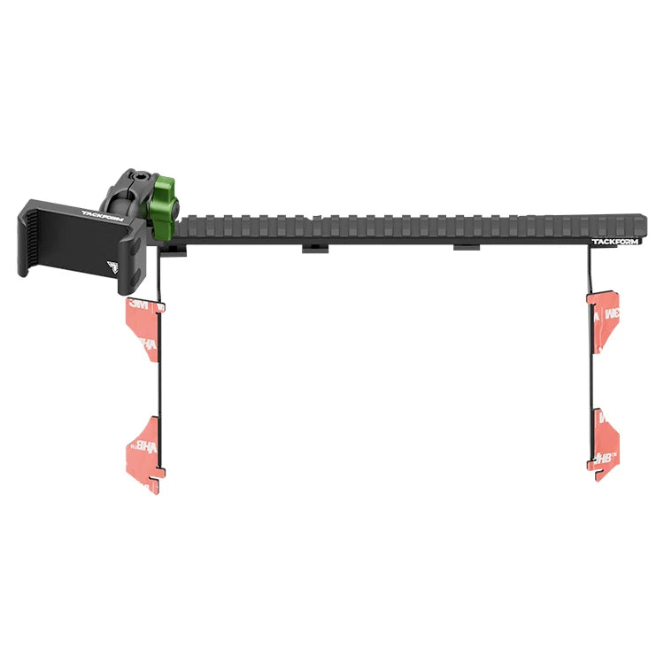 Tacoma phone mount dash bracket with green knob, black rail, and red adhesive pads