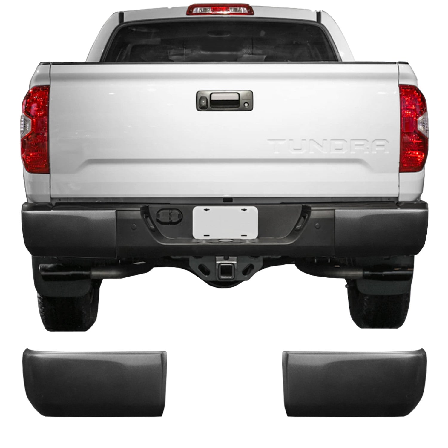 Textured Black TPO BumperShellz Rear Bumper Overlays shown under a 2014-2021 Toyota Tundra, Without Sensor Holes