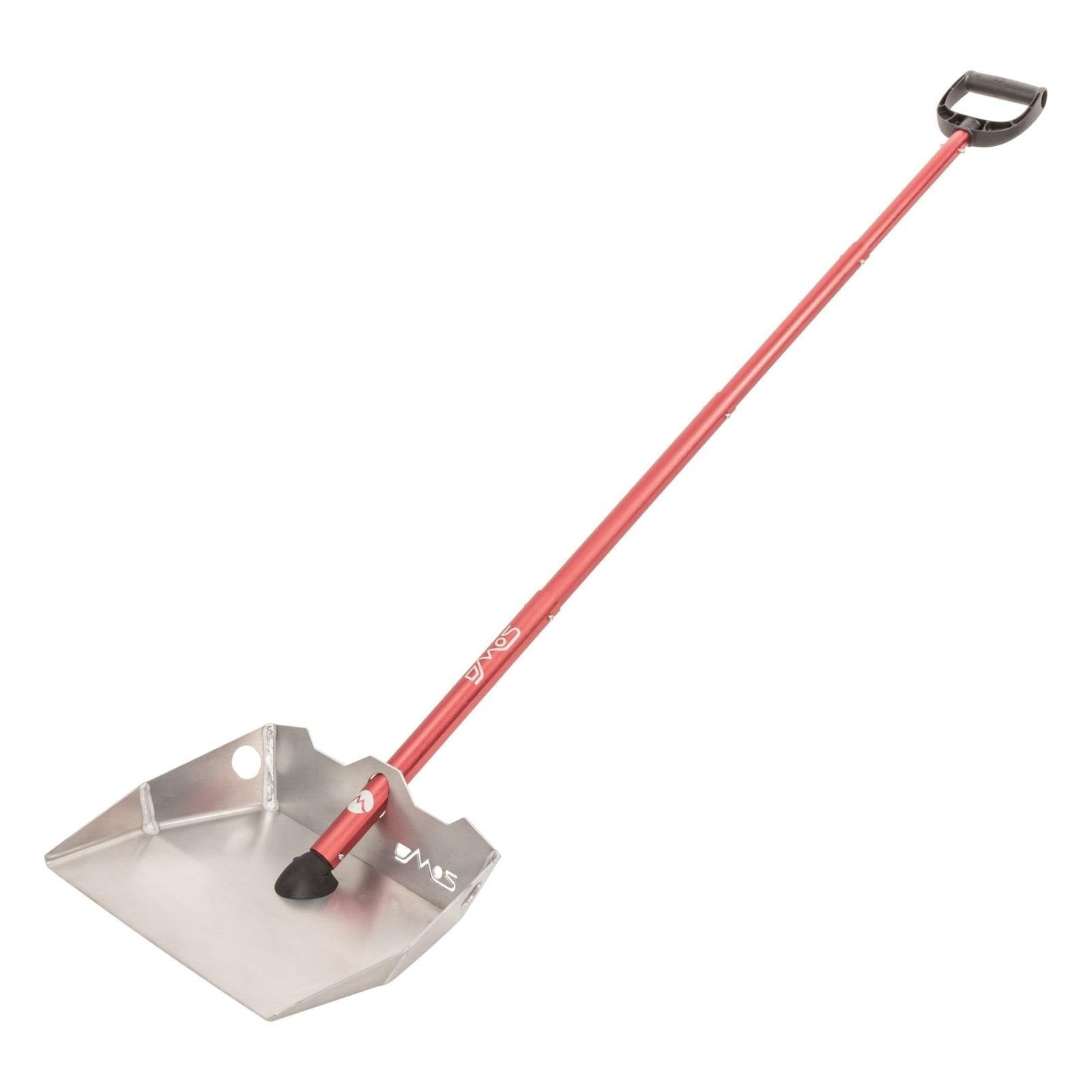 Aluminum snow shovel with red handle and D-grip for overlanding and camping