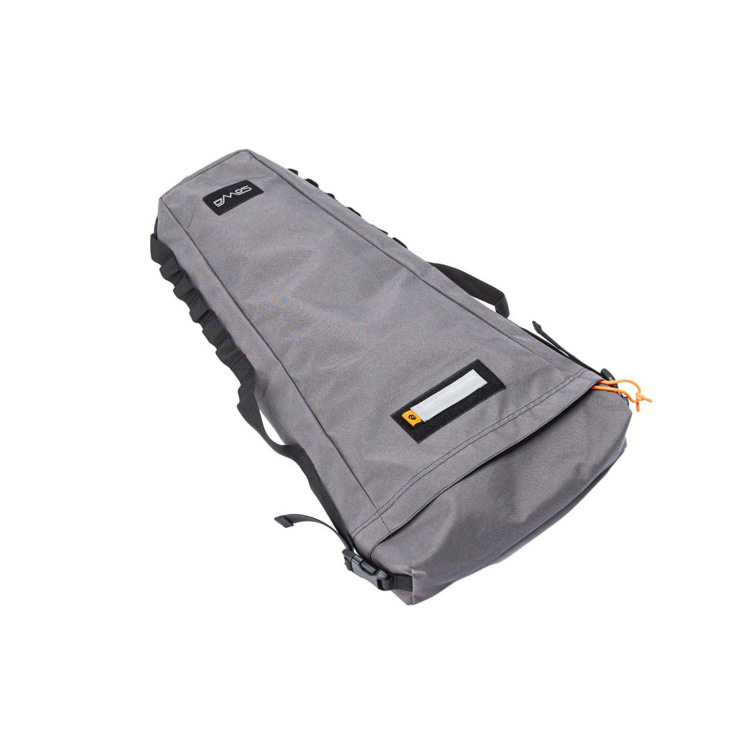 Gray tactical shovel bag with handles, durable zippers, and reinforced fabric for overlanding gear.