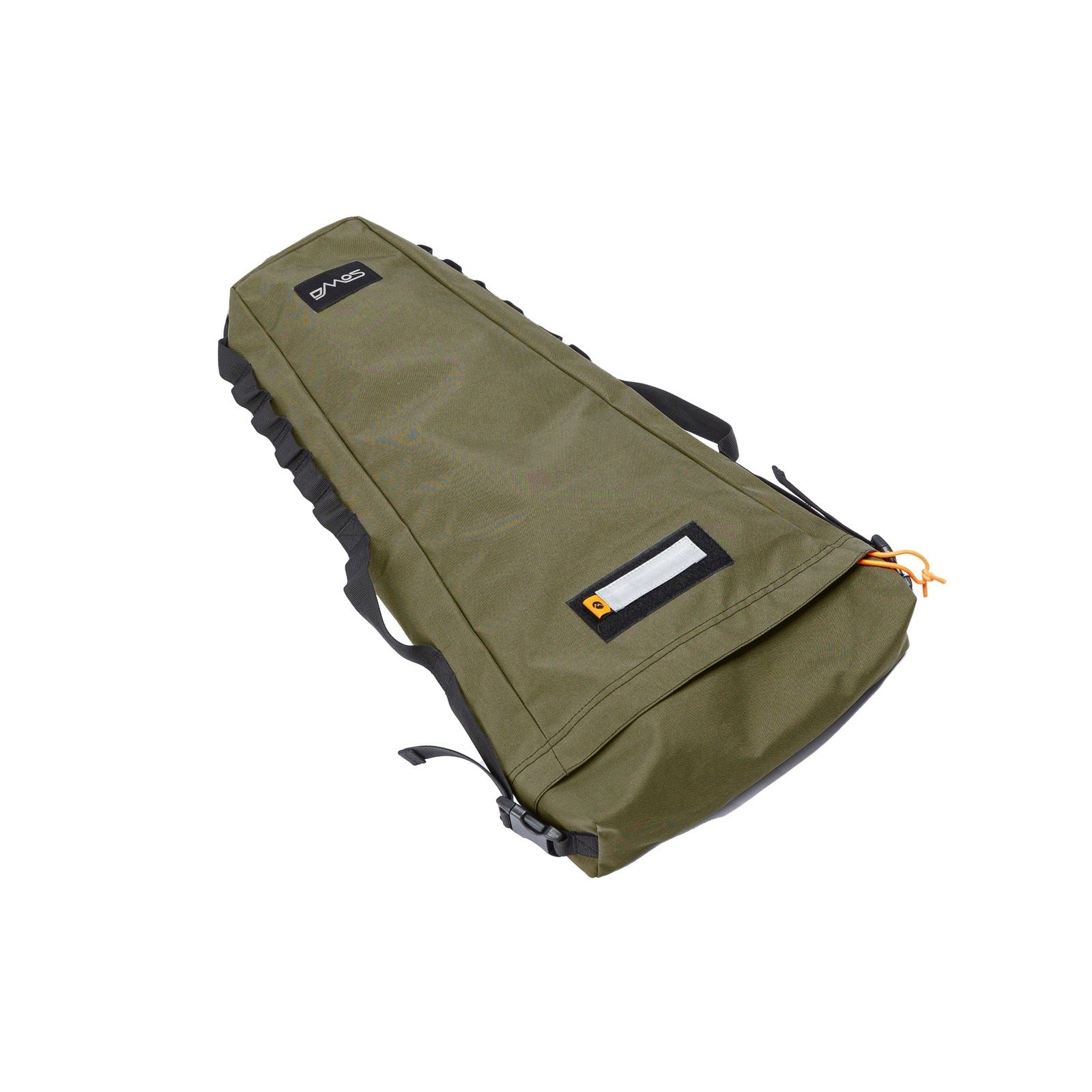 Olive green tactical shovel carry bag with handles, designed for overlanding and camping gear.