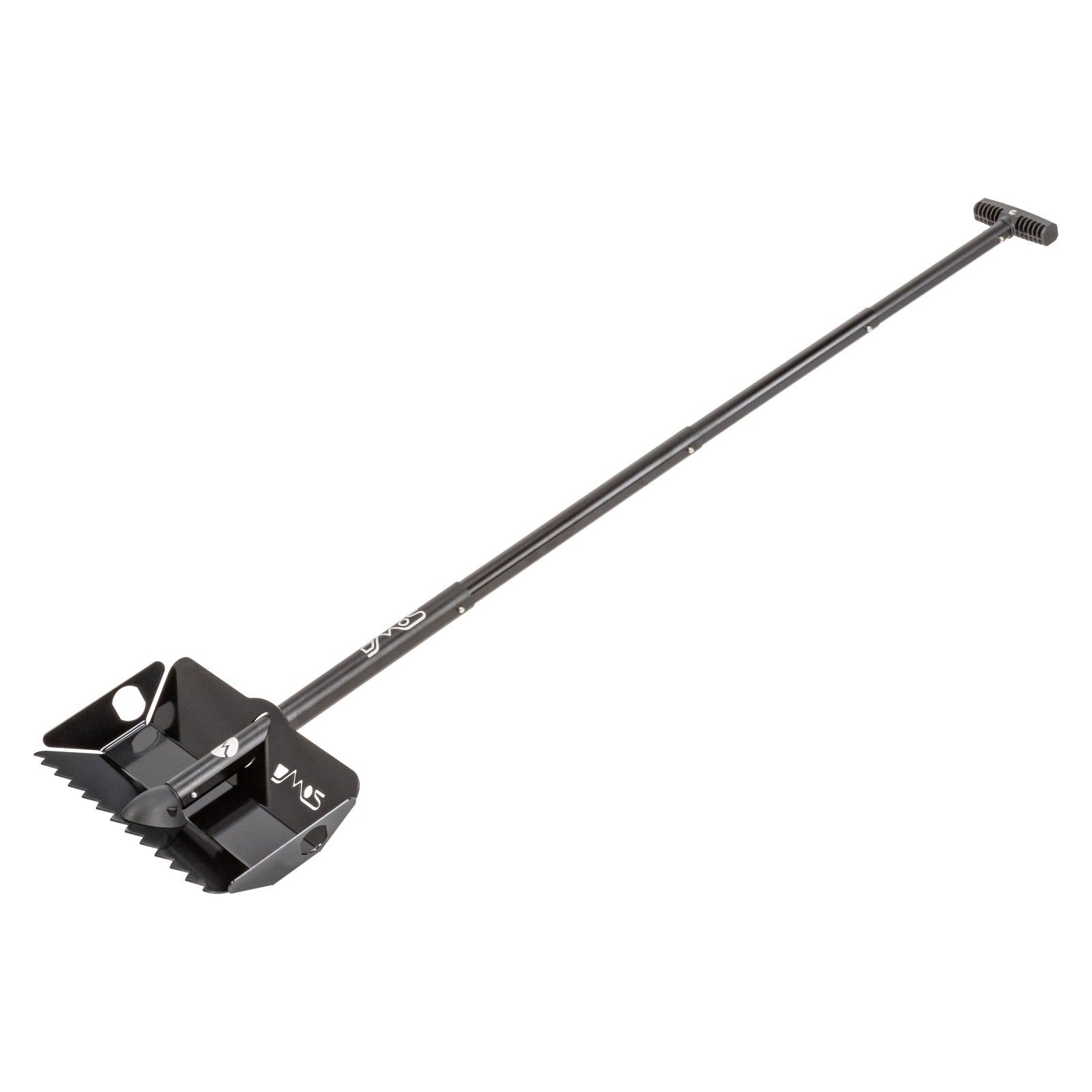 Black collapsible metal overlanding shovel with serrated edge and T-grip handle