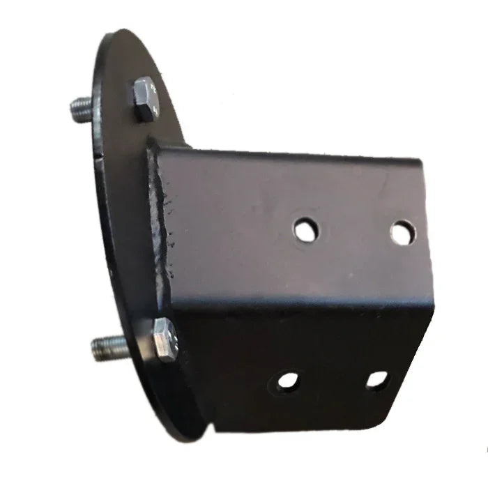 Black steel tire mount bracket with bolts for overland vehicle accessories