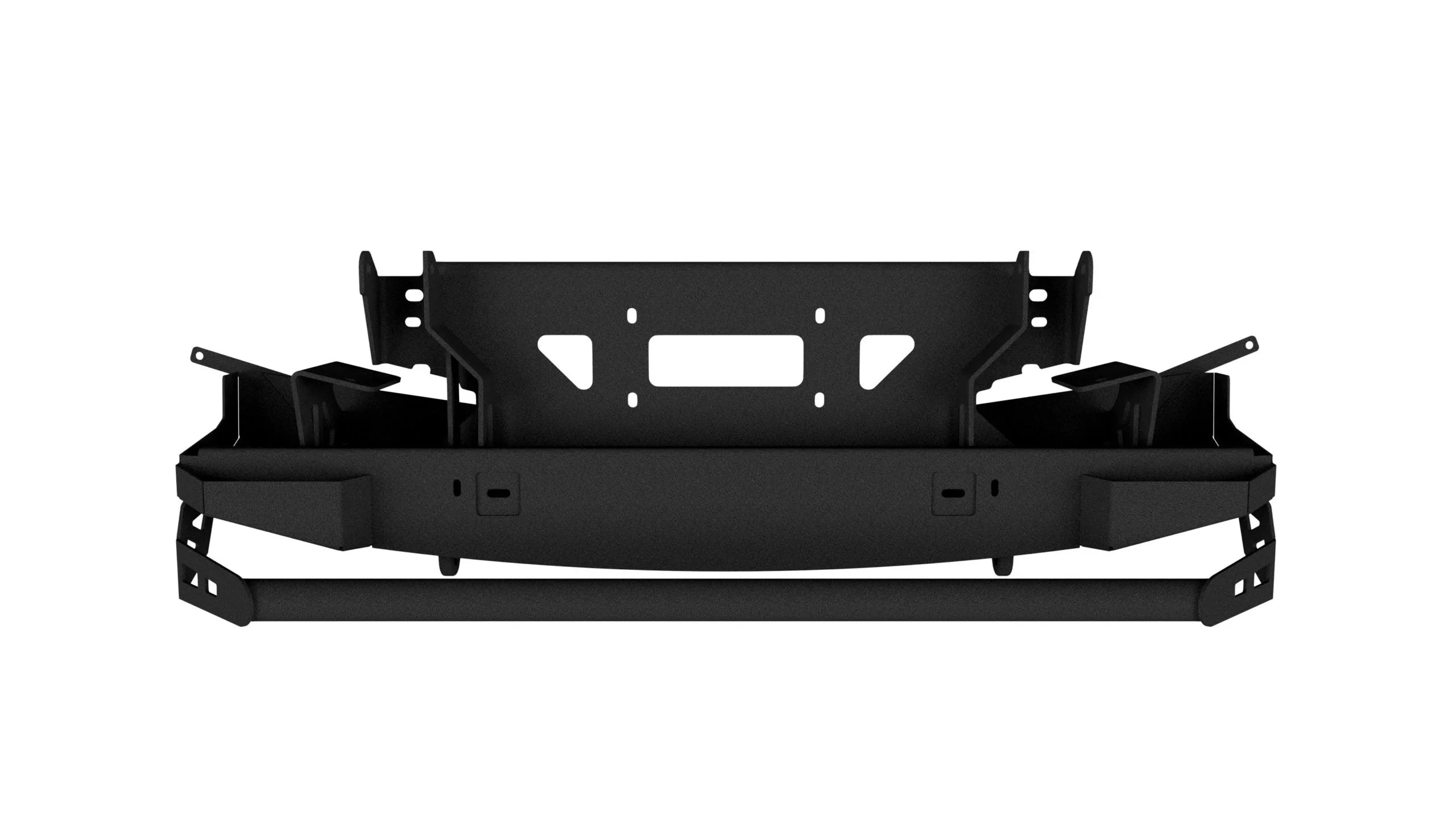 Heavy-duty black steel off-road front bumper with winch mount for trucks or SUVs