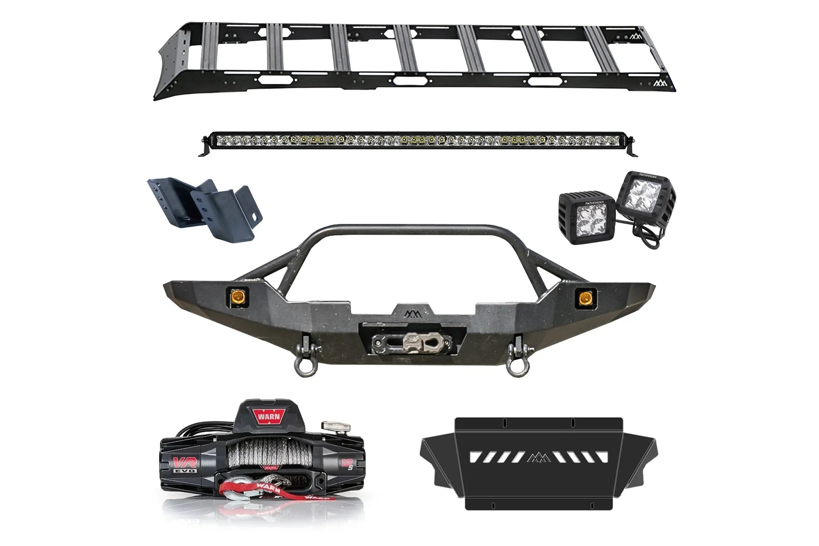 Backwoods Adventure Mods 5th Gen Toyota 4Runner Essentials Off Road Kit bundle including Hi-Lite Overland Front Bumper, DRIFTR roof rack, Skid Plate connector, Warn Winch, and Pathfinder Off Road Lights
