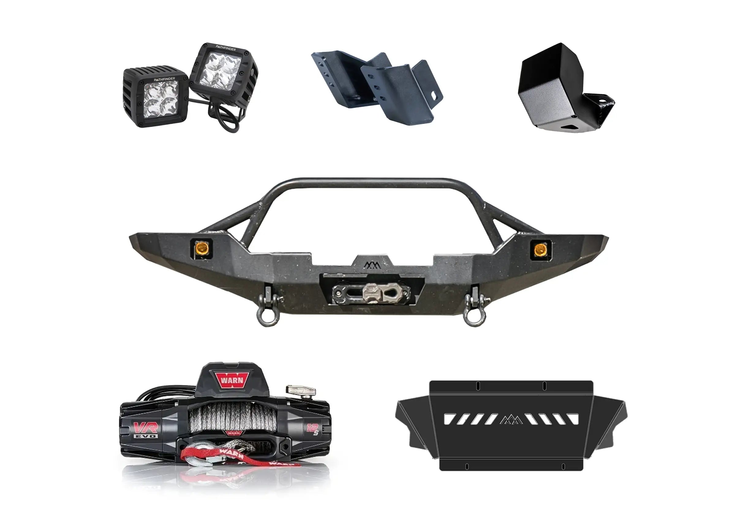 Backwoods Adventure Mods 5th Gen Toyota 4Runner Off Road Bumper Kit including Hi-Lite Overland Front Bumper, Skid Plate connector, Warn Winch, Pathfinder Pod Lights, and washer reservoir guard