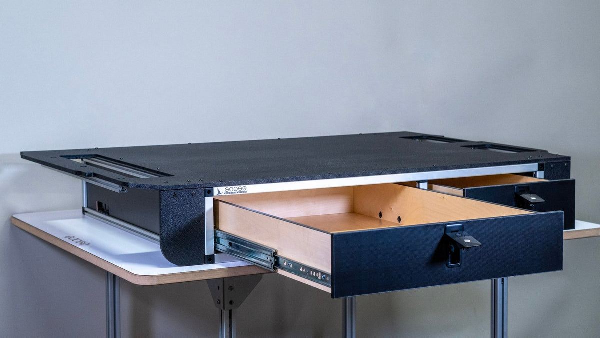 Goose Gear side by side drawer module for a Toyota Land Cruiser 100 Series, with one wooden drawer pulled open