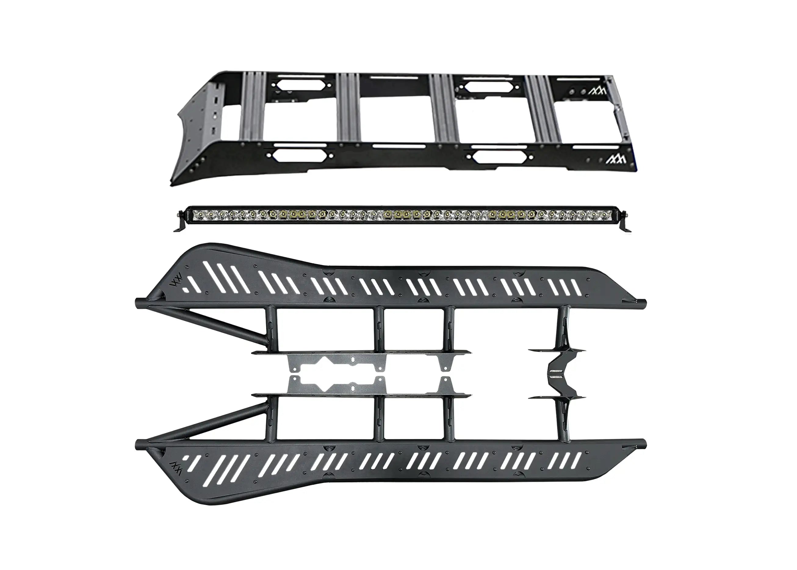 Backwoods Adventure Mods Weekend Warrior Off Road Kit bundle for 2nd and 3rd Gen 2005-2023 Toyota Tacomas including Rock Sliders, DRIFTR Roof Rack, and Pathfinder 40 inch LED light bar