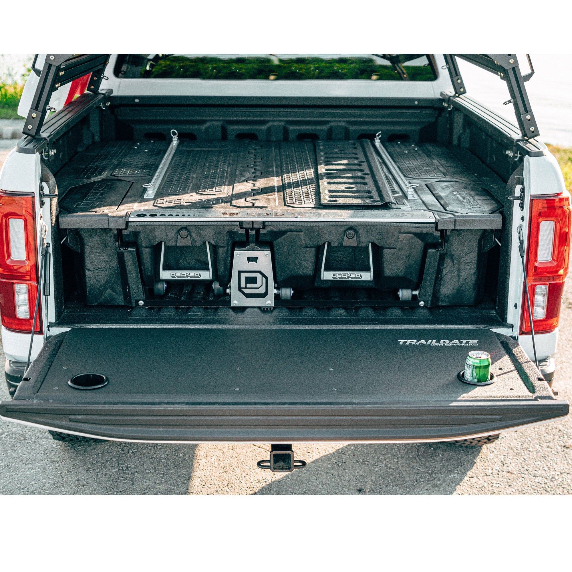 Ford Ranger trailgate panel with cup holder and truck bed storage, overlanding accessory